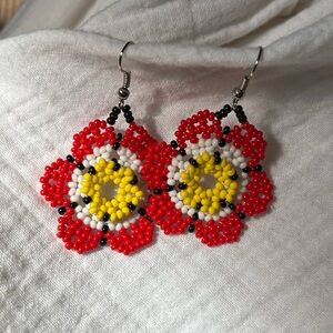 Floral Beaded Earrings - Red, Yellow, Black